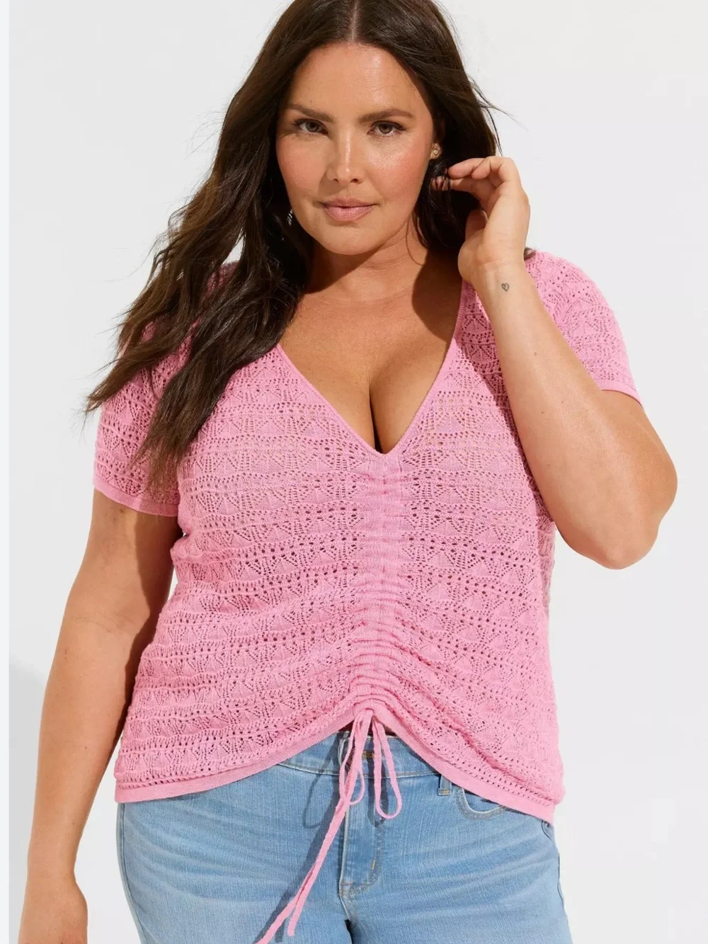 Torrid Pointelle Pullover Short Sleeve Front Tie Sweater Rose Bloom Size 1X New